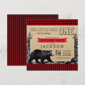 Invitation Anniversaire Bûcheron Ours Mignon Plaid Chèque (Devant / Derrière)