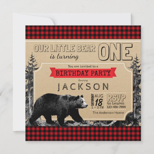 Invitation Anniversaire Bûcheron Ours Mignon Plaid Chèque (Devant)