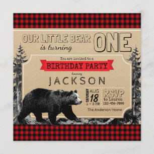 Invitation Anniversaire Bûcheron Ours Mignon Plaid Chèque