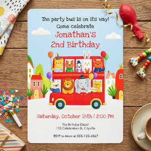 Invitation Anniversaire Bus à Deux Étages Animaux Mignons