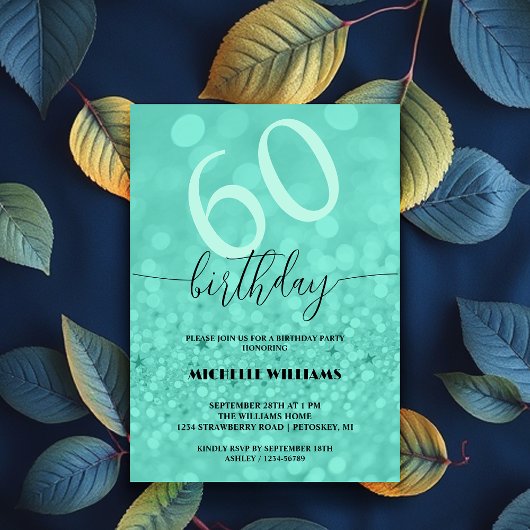 Invitation Anniversaire Calligraphie Turquoise Paillettes Arg
