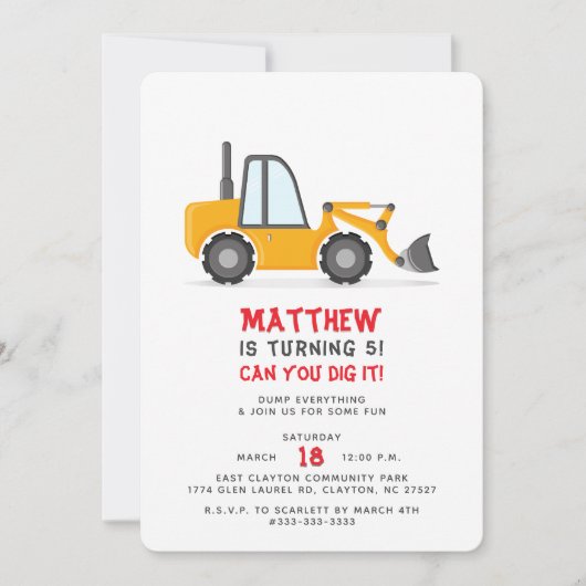 Invitation Anniversaire Camion de Construction  (Devant)