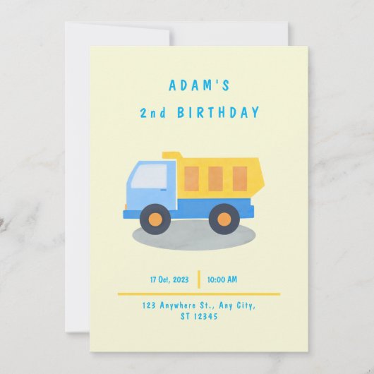 Invitation Anniversaire camion de garçon (Devant)