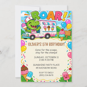 Invitation Anniversaire Camion de Glace Dinosaure Rose Bleu