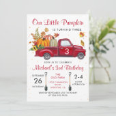 Invitation Anniversaire Camion Rouge Feuilles Citrouille Auto (Debout devant)