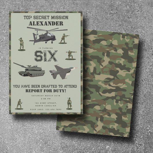 Invitation Anniversaire Camouflage Militaire Vert Camo Armée
