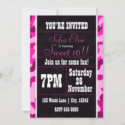 Invitation anniversaire camouflage rose et noir (Devant)