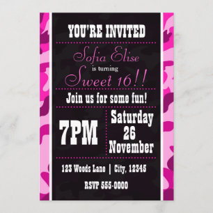Invitation anniversaire camouflage rose et noir