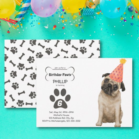 Invitation Anniversaire, Carlin, Fête du chien