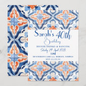 Invitation Anniversaire Carreau Marocain Rouge Et Bleu (Devant / Derrière)