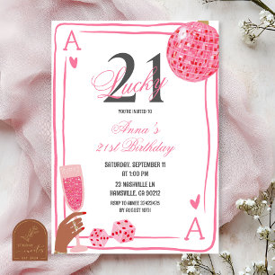 Invitation Anniversaire Casino Rose Lucky 21 dessiné à la mai