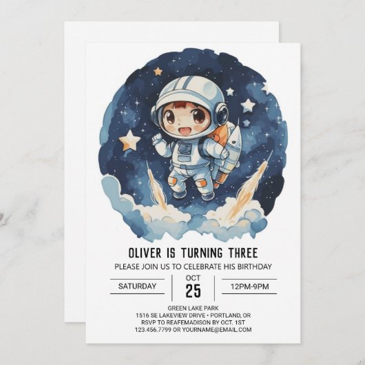 Invitation Anniversaire céleste de l'astronaute céleste (Devant / Derrière)
