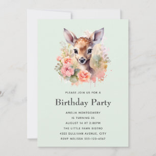 Invitation Anniversaire Cerf Mignon Entouré de Roses