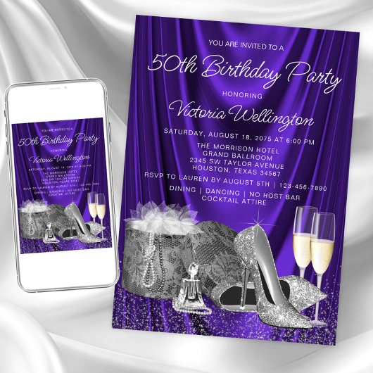 Invitation Anniversaire Champagne Chaussure Argentée Violette