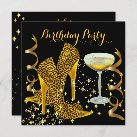 Invitation Anniversaire Champagne Gold Leopard Heels (Devant / Derrière)
