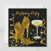 Invitation Anniversaire Champagne Gold Leopard Heels (Devant)