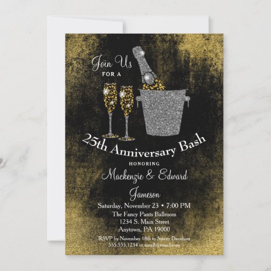 Invitation anniversaire Champagne Noir Or Argent (Devant)