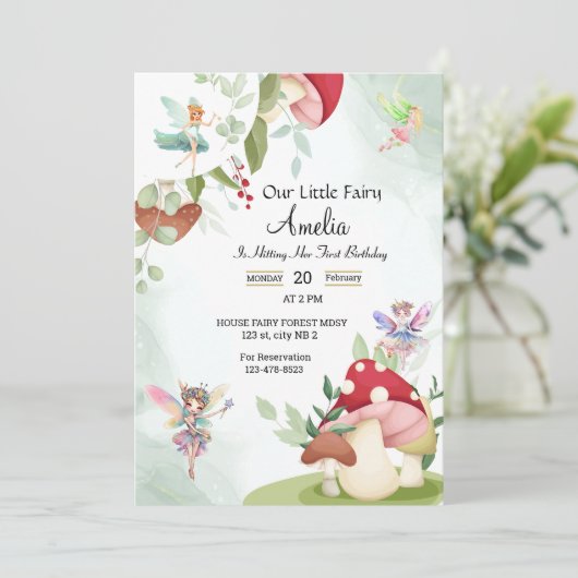 Invitation anniversaire champignon fée forêt aquarelle (Debout devant)