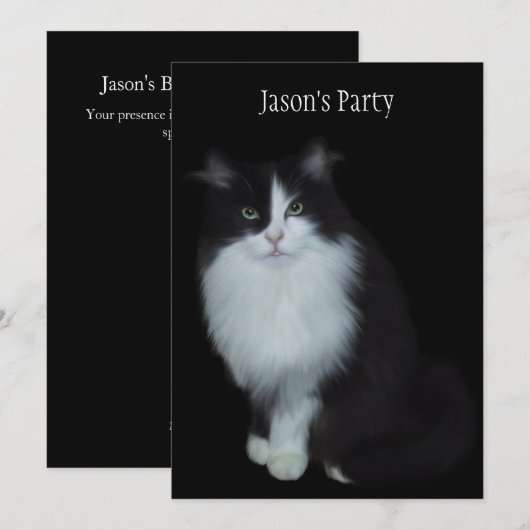 Invitation Anniversaire Chat Sur Noir (Devant / Derrière)