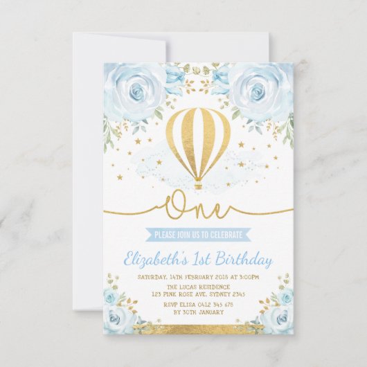 Invitation Anniversaire chaud floral bleu en pastel de ballon (Devant)