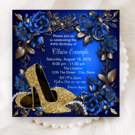 Invitation Anniversaire Chaussure Dorée Bleu Royal