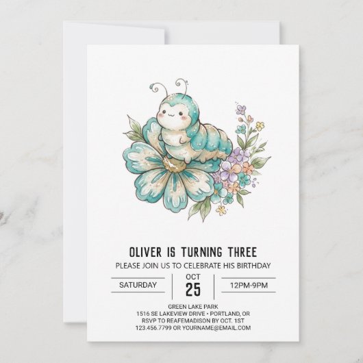 Invitation Anniversaire Chenille Sarcelle (Devant)