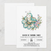 Invitation Anniversaire Chenille Sarcelle (Devant / Derrière)