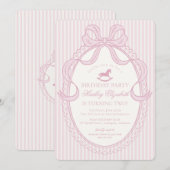 Invitation Anniversaire Cheval à Bascule Ruban Coquette Rose (Devant / Derrière)
