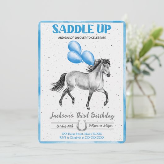 Invitation anniversaire cheval modifiable (Debout devant)