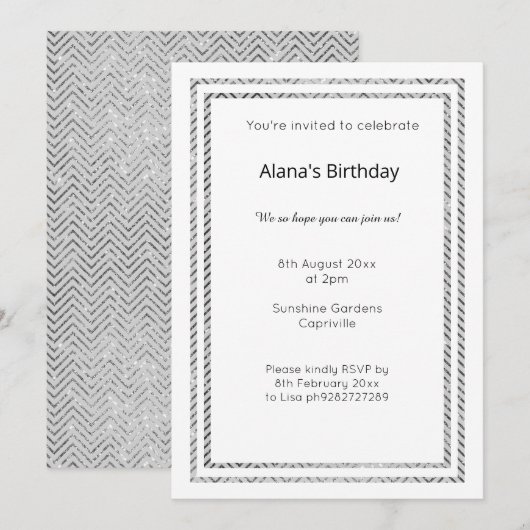 INVITATION ANNIVERSAIRE CHEVRON TRIM EN ARGENT BLA (Devant / Derrière)