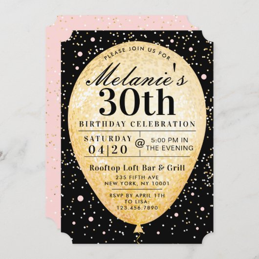 Invitation Anniversaire Chic Black Rose & Gold Bal (Devant / Derrière)