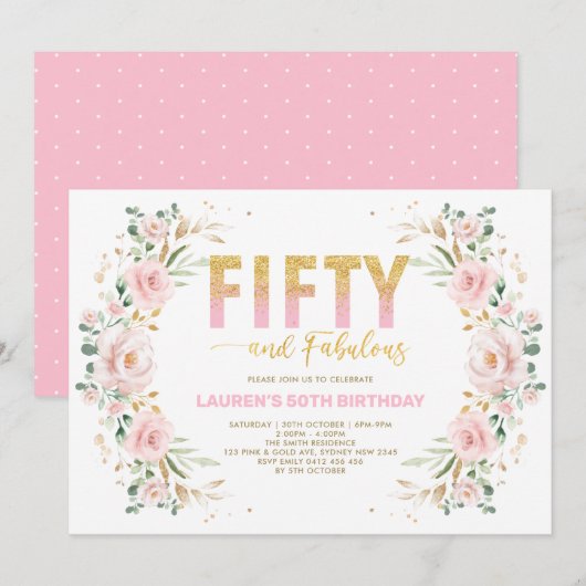 Invitation Anniversaire chic de la florale d'or rose pâle du  (Devant / Derrière)