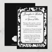 Invitation anniversaire chic en damassé noir et bl (Devant / Derrière)