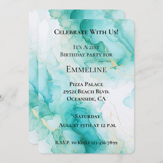 Invitation Anniversaire Chic Mint White Gold (Devant / Derrière)