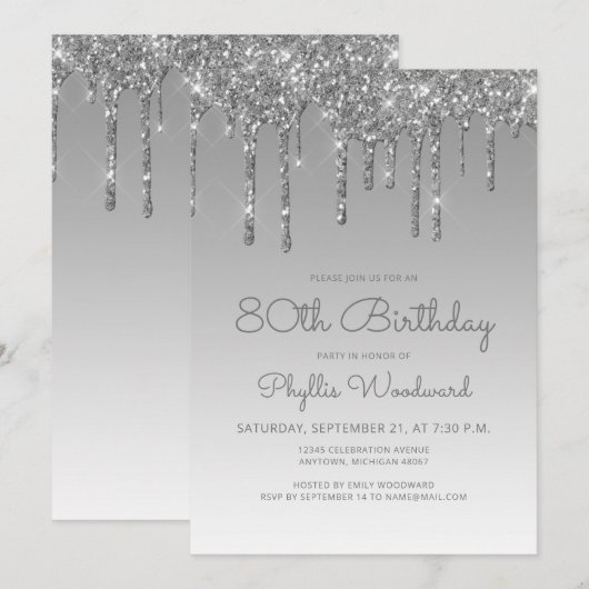Invitation Anniversaire Chic Pailleté Argent 80 ans (Devant / Derrière)