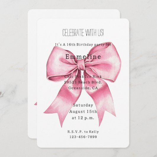 Invitation Anniversaire Chic Pretty Rose Bow (Devant / Derrière)