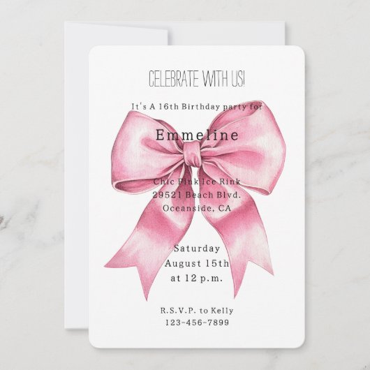 Invitation Anniversaire Chic Pretty Rose Bow (Devant)