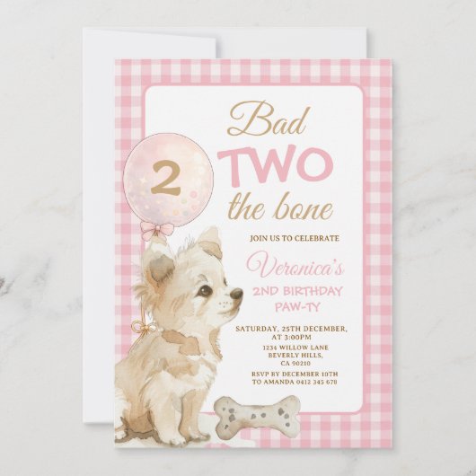 Invitation Anniversaire Chien Rose Gingham Mauvais (Devant)
