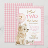 Invitation Anniversaire Chien Rose Gingham Mauvais (Devant / Derrière)