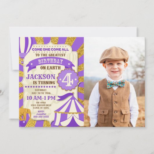 Invitation Anniversaire Cirque Carnaval Violet Or (Devant)