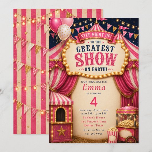 Invitation Anniversaire Cirque Rose (Devant / Derrière)