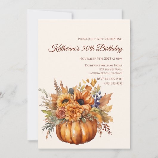 Invitation Anniversaire-Citrouille avec Fleurs- (Devant)