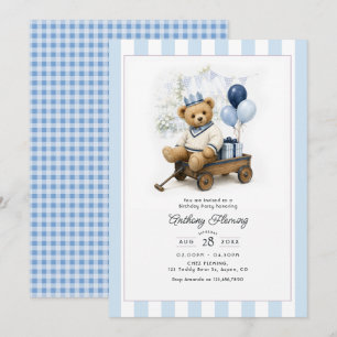 Invitation Anniversaire Classique Teddy Bear à Carreaux Bleus