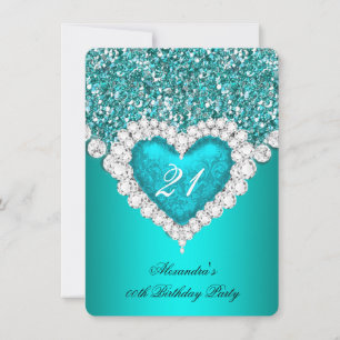 Invitation Anniversaire Cœur Diamant Bleu Turquoise Pailleté