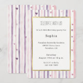 Invitation Anniversaire Cœurs Roses Violets Rayures (Devant / Derrière)