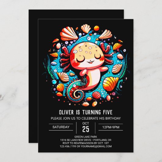 Invitation Anniversaire coloré de Axolotl Boho (Devant / Derrière)