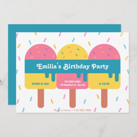 Invitation Anniversaire coloré glaces popsicle (Devant / Derrière)