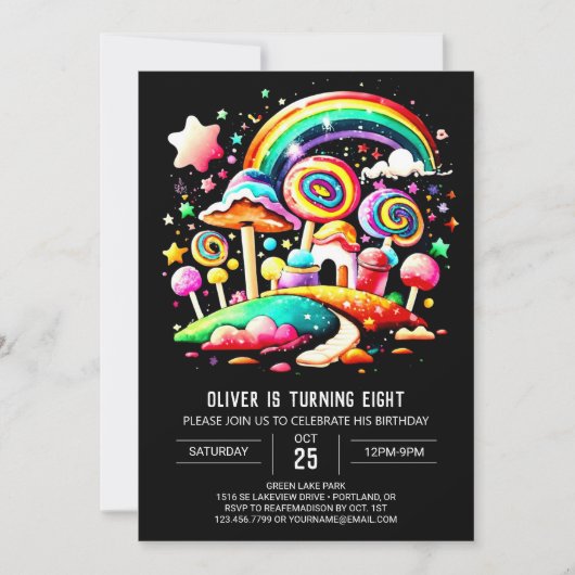 Invitation Anniversaire coloré modifiable Candyland (Devant)
