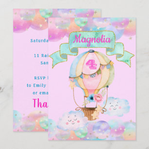 Invitation Anniversaire coloré Rainbow Unicorn Hot Air Balloo