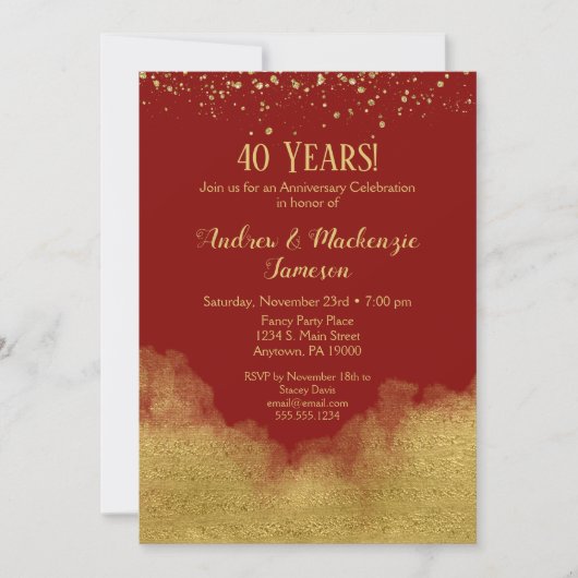 Invitation anniversaire Confetti Or Rouge Ruby 40  (Devant)
